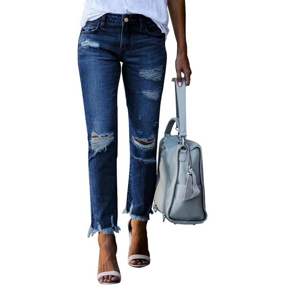 Women's Distressed Boyfriend Jeans Cotton Blend Straight Leg Casual